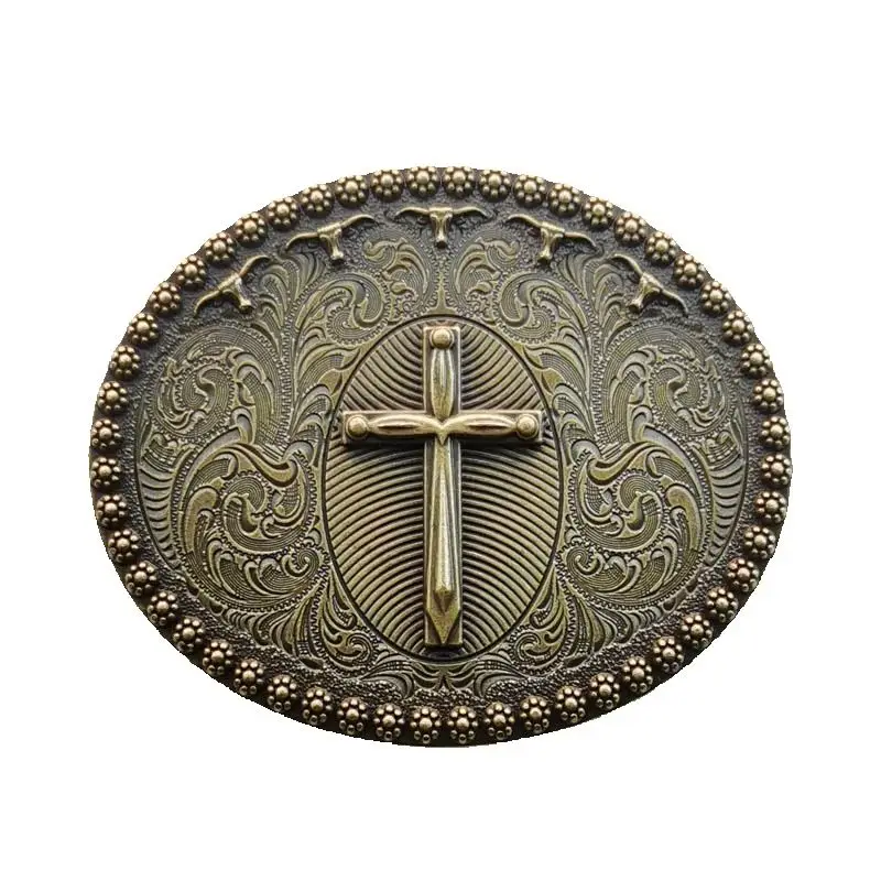 Native American Big Heavy Duty Vintage Celtic Pattern Cross Oval Belt Buckle For Men Grey Tone