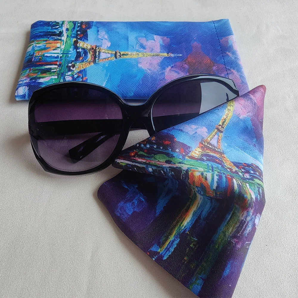 Oil Painting Style Glasses Bag Eiffel Tower Pocket With Cleaning Cloth use for Reading Glasses Sunglasses Phone Cosmetic Storage