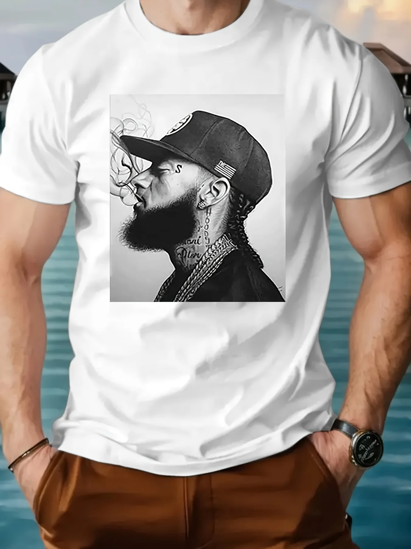 

Мужская повседневная футболка с коротким рукавом в стиле хип-хоп и смелым портретным принтом, круглым вырезом, узорным принтом, мужская футболка, топ с короткими рукавами