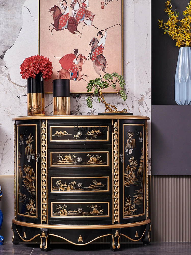 

New Classical Chinese Style European Painted Black Color with Carved Flower Painted Gold Solid Wood Console Tables Cabinet