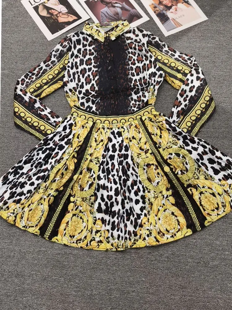 

Retro 2026 female new two-piece geometric printing stitching lace long-sleeved shirt+high waist pleated skirt temperament suit