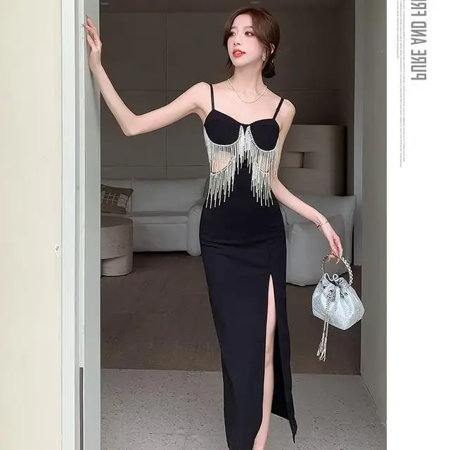 Sexy Kwastje Mode Strass Band Jurk Zijsplit Ontwerp Holle Elegante Feestjurken Vrouwen High-end Banket Avondjurken