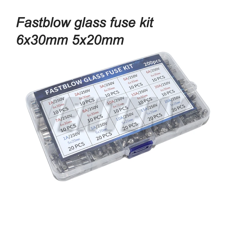 200Pcs Fast Blow Glass Fuses Assortment Kit 5x20mm & 6x30mm Glass Tube Fuses 15 Values Auto Fuses Assortment Kit 250V
