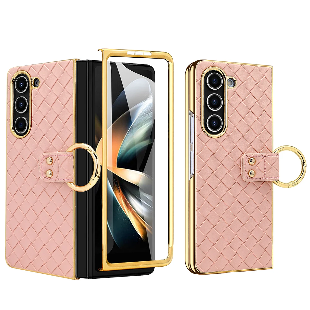 Pink Braided pattern PU leather z fold 6 mobile phone case, electropated phone case with screen protector for galaxy z fold 6 5