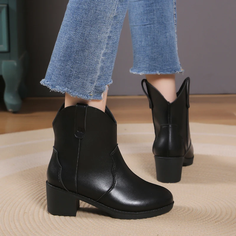 

Ladies Shoes on Sale 2024 Brand Slip on Women's Boots Autumn Round Toe Solid Short Barrel Chunky Heels Large Size Fashion Boots