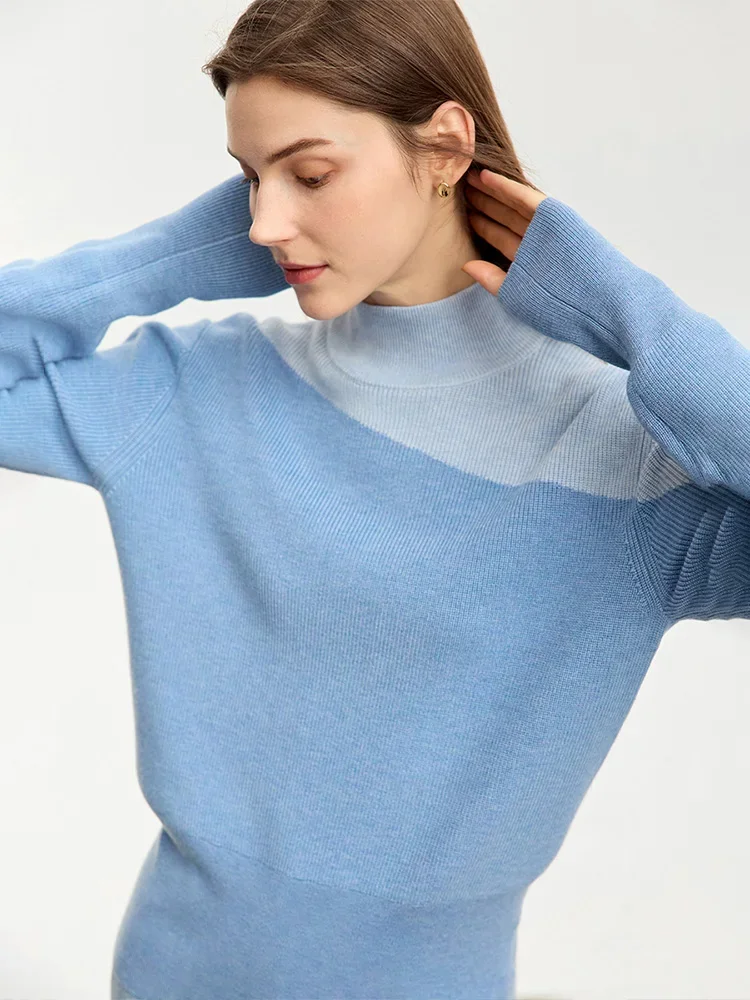 AMII Minimalist Sweater For Women Color Block Patchwork 2023 New Commuter Mock Neck Winter Soft Knitwears Jumper Female 12354032