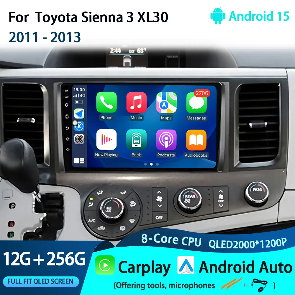 

Car Radio Android 15 Carplay Auto 2K Screen Multimedia Video Player For Toyota Sienna 3 XL30 2011-2013 NO 2 din Autoradio Stereo