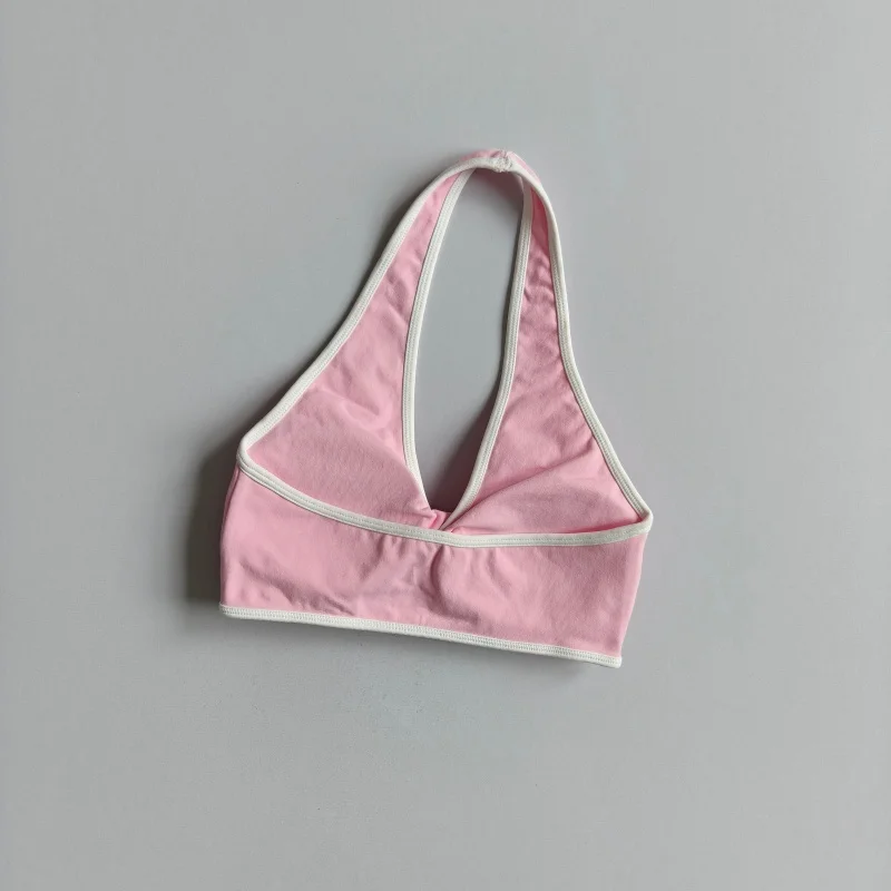 Damen-Yoga-BH mit Halterneck und Farbblock-Design, herausnehmbare Brustpolster, schnelltrocknendes Sport-Top für das Training. – Detail 10