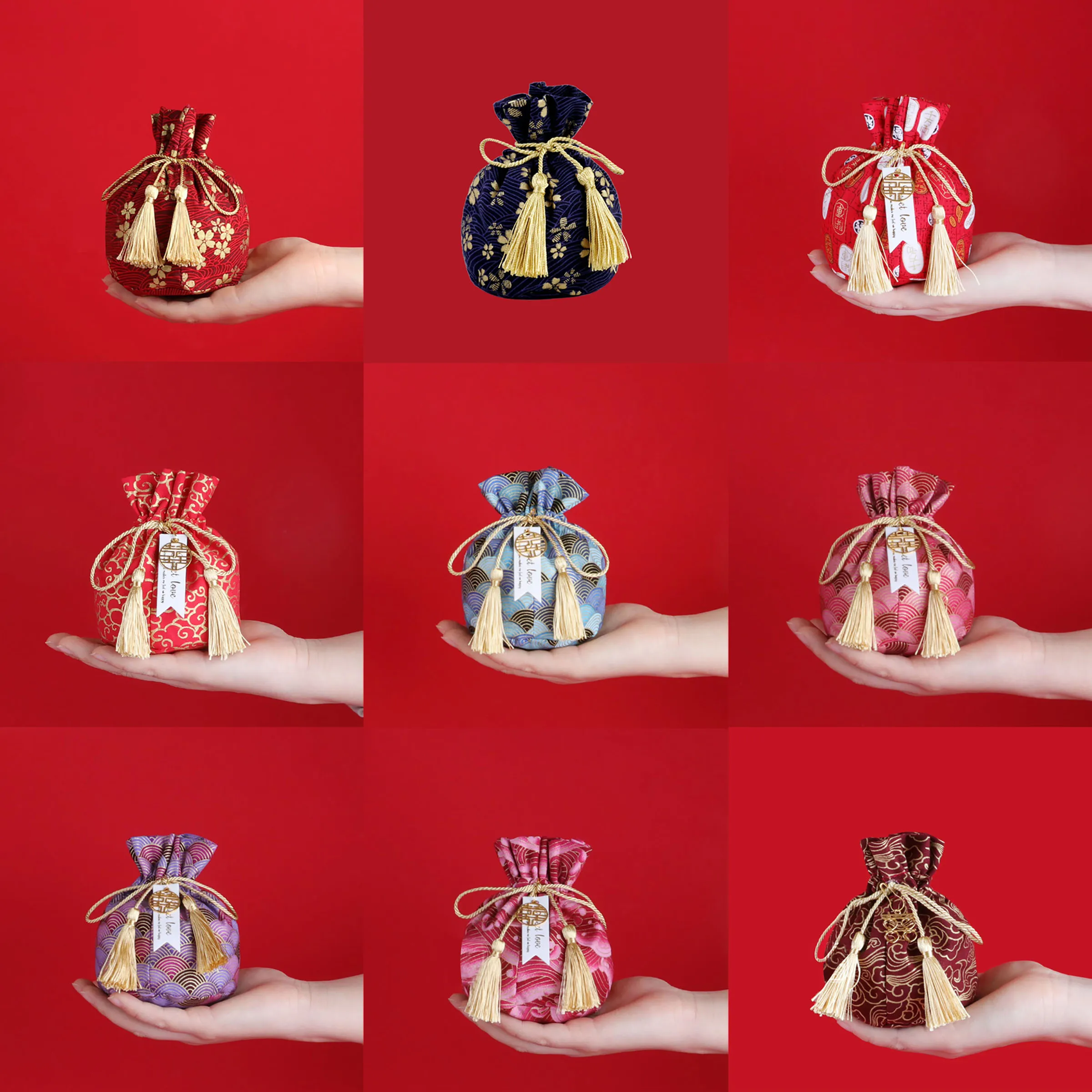 

1Pc Chinese Wedding Candy Bags with Tassels, Drawstring Cloth Pouches in Chinese Traditional Patterns for Weddings Bridal Favors
