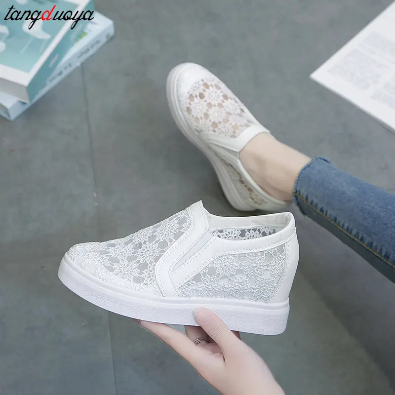 Women Wedge Platform Sneakers Fashion Summer White Casual Shoes women Cutouts Lace Canvas Hollow Breathable Loafers Shoes