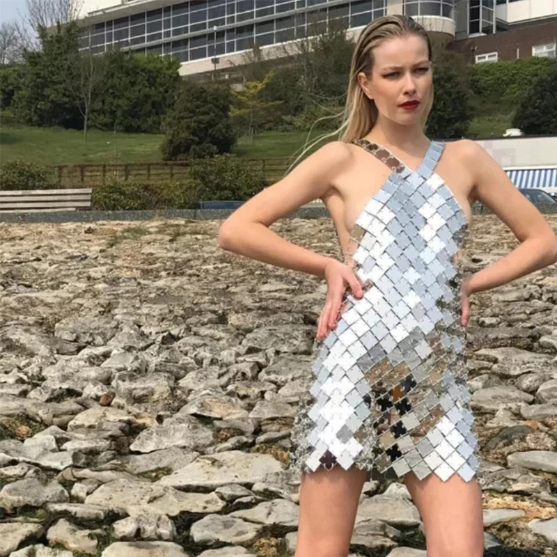 

Ladies Sleeveless Mirror Dress Gold Silver Square Chainmail Halter Mini Dress Backless Evening Party Costume