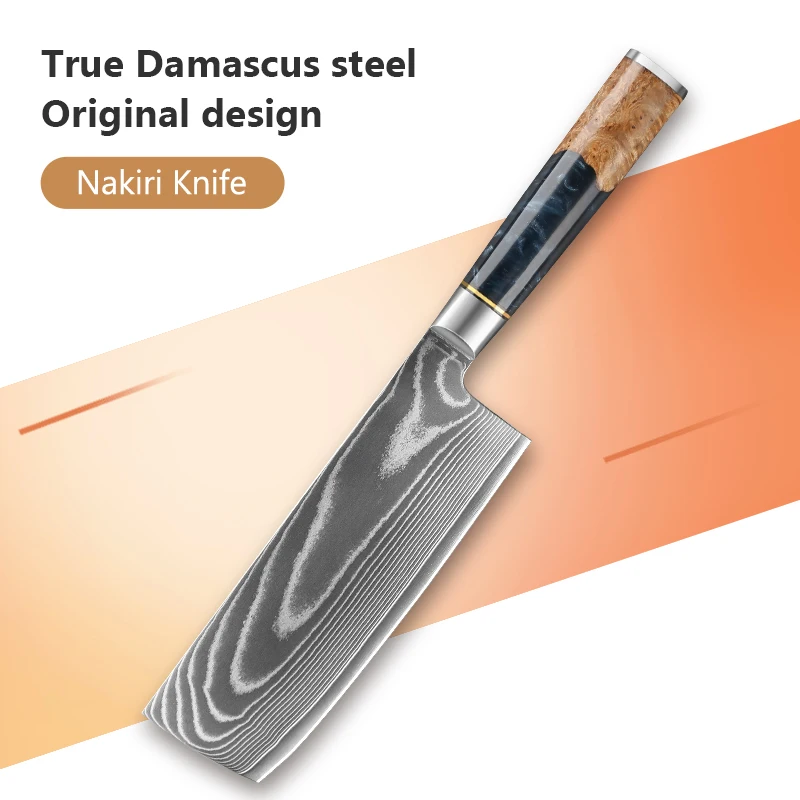 

7" Professional Kitchen Chef Knife Damascus Steel VG10 Nakiri Knife Premium Resin and Colored Wooden Handle Cooking Knife