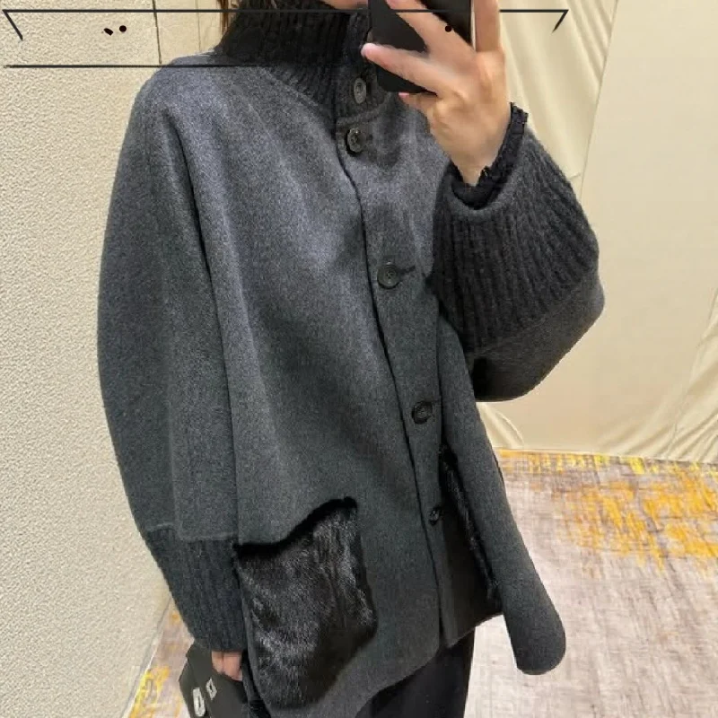 

Faionable Belted Slim Fit Cardigan Ele Stand Collar Sweater Autumn Winter High-End Feel Long Sve Midi Coat for Women