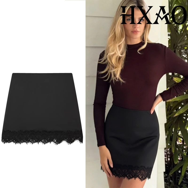 HXAO Woman Black Skirt Shorts Elegant Party Lace Skirt Pants High Waist New Year Women's Skort Sexy Satin Mini Skort For Women