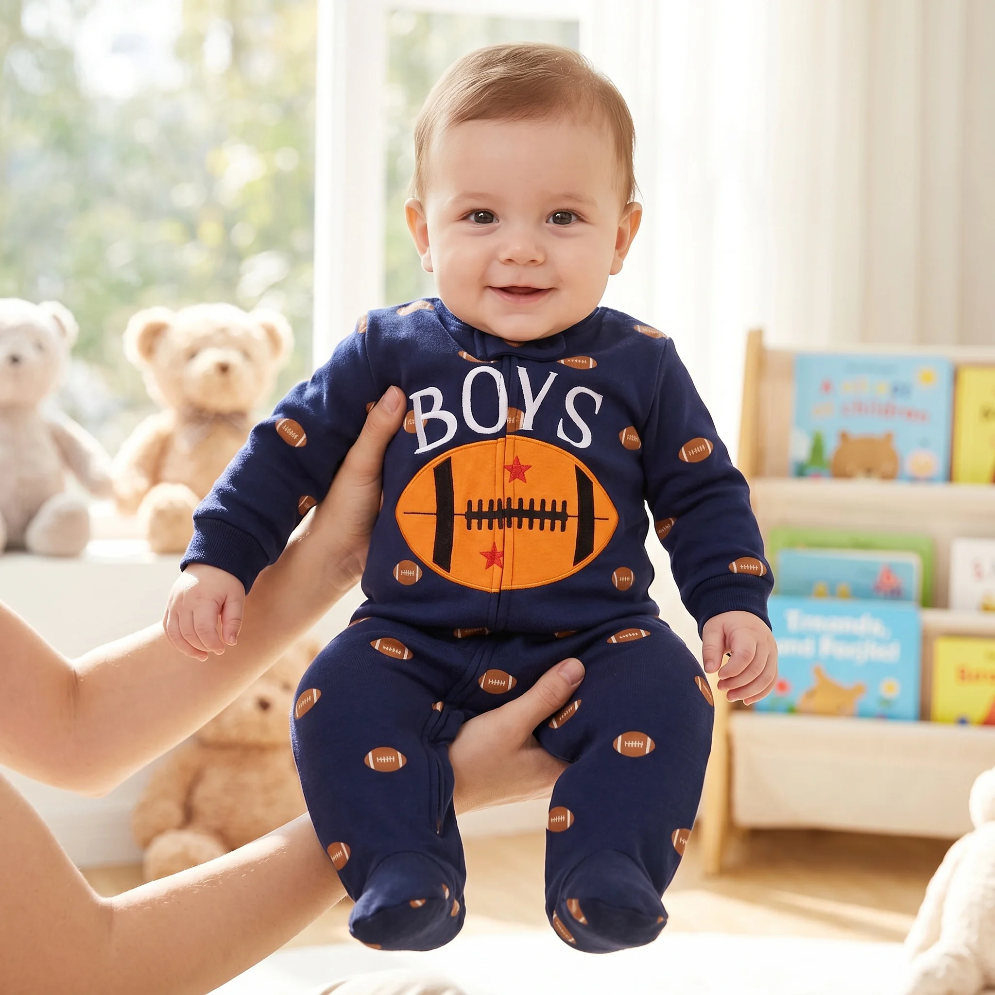 Marineblauer Baby-Strampler aus Reiner Baumwolle mit Rugby-Print & Buchstaben-Stickerei Reißverschluss-Einteiler für Neugeborene Jungen 3-9 Monate Alle Jahreszeiten