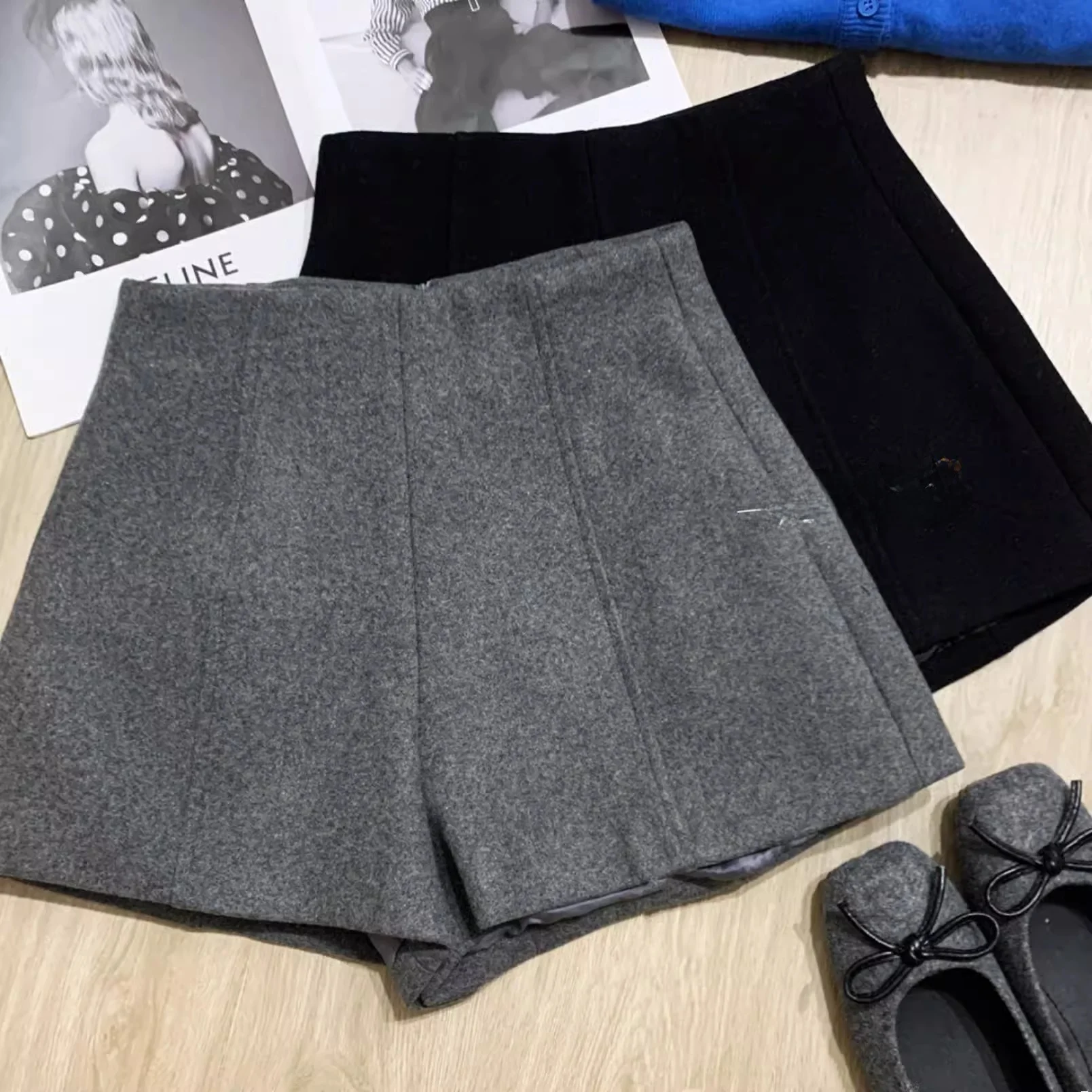 

Gray Thickened Woolen Casual Shorts Women's High Waist Slimming Wide Leg Pants Autumn Winter Outerwear A-Line Boot Pants