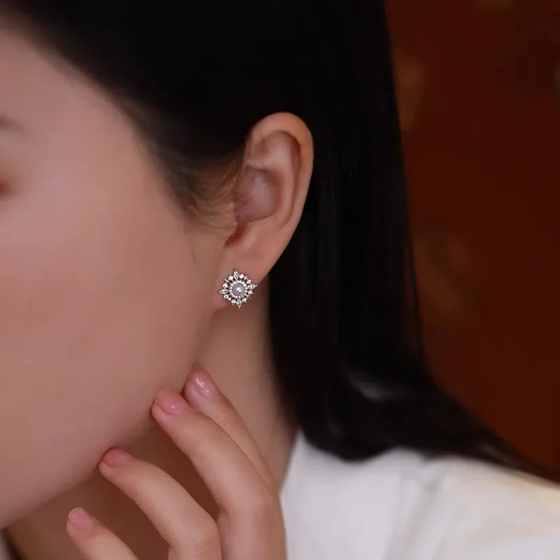 Elegant Pearl Bling Diamonds Little Stars Stud Earrings Woman Girl White Gold Filled Sterling Silver Vintage French Jewelry Gift 5