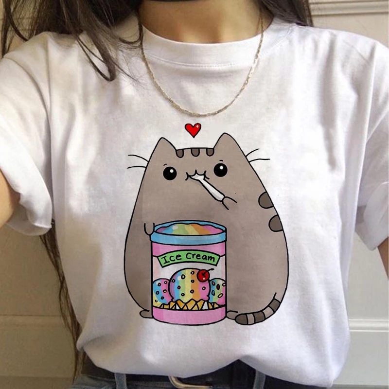 Women T Shirt Kawaii Cats Graphic Top Female T-shirt Harajuku Cute Girls Streetwear Cargo Casual Cartoon Ladies Y2k Clothes Tops