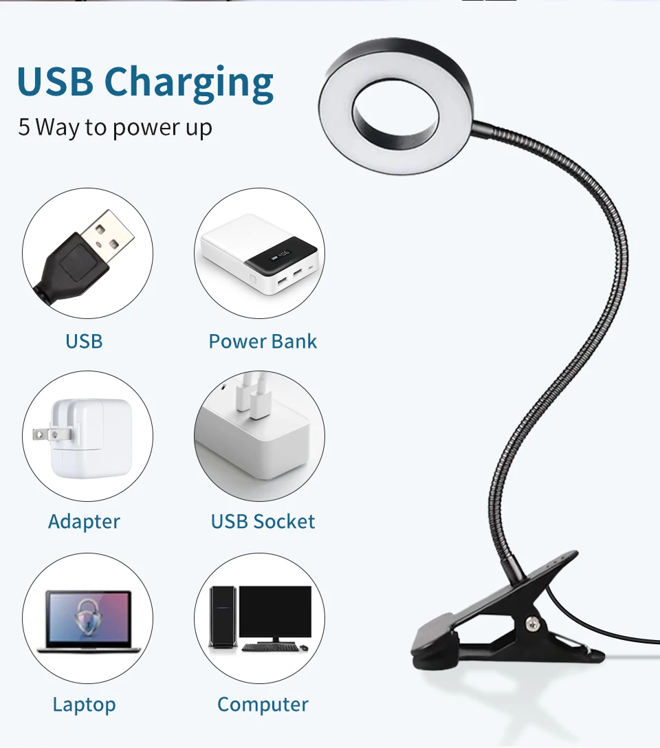 USB Foldable Reading Lamp 48 LEDs Clip on Desk Lamp 360°Flexible Gooseneck Reading Table Light Brightness Adjustable 3 Level