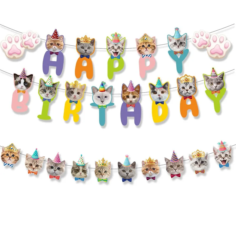 Pendurado Cat Paw Happy Birthday Banner, guirlanda para Pet Theme, First Birthday Party, Baby Shower, Kindergarten Decoration