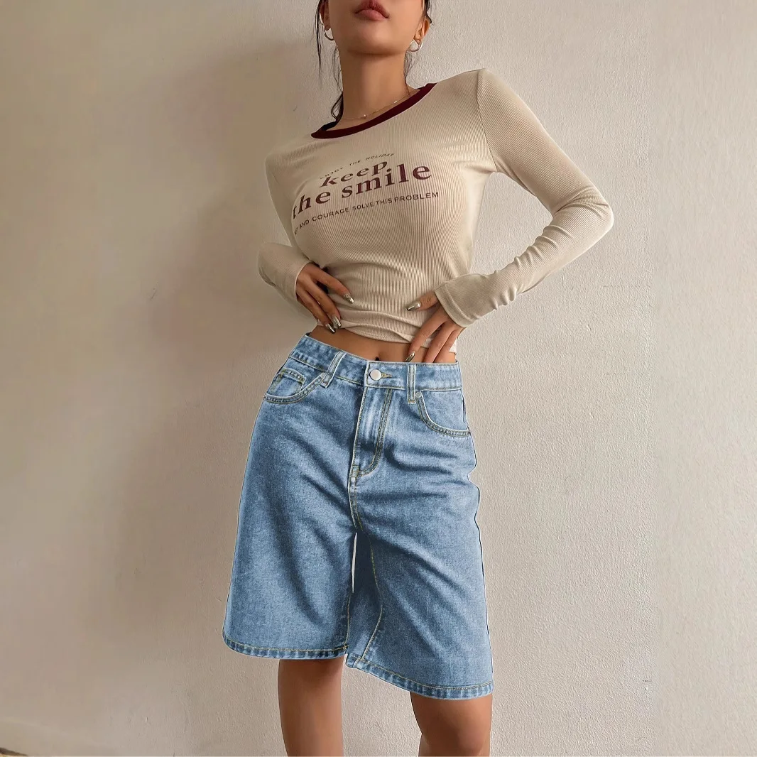   المرأة عالية الخصر الدنيم السراويل الأمريكية خمر غسلها ألف خط منتصف طول جذوع فضفاضة تناسب مستقيم الساق الصيف عادية   #2