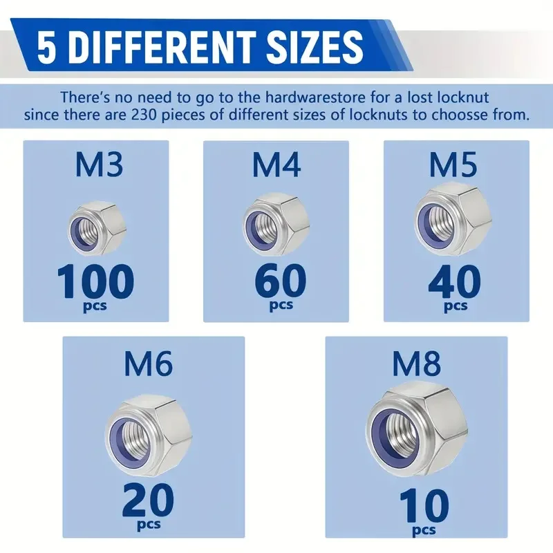 230 Buah Set Mur Kunci Baja Tahan Karat Sisipan Nilon Mur Hex M3 M4 M5 M6 M8 Mur Pengunci Nylock Pengunci Otomatis Segi Enam