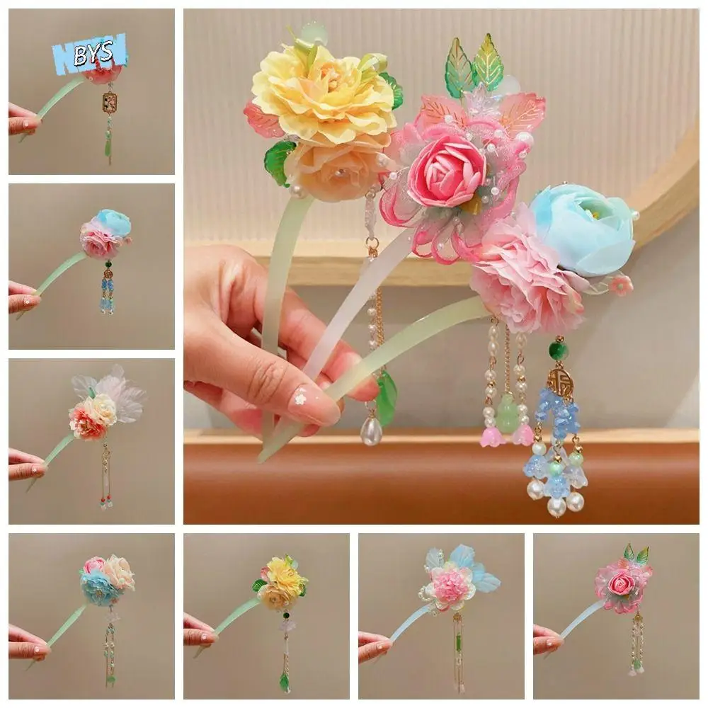 

Exquisite Pearl Simulation Flower Hair Stick Cloth Hair Accessories Chinese Style Hair Fork Tassel Hanfu Hair Chopsticks Girl