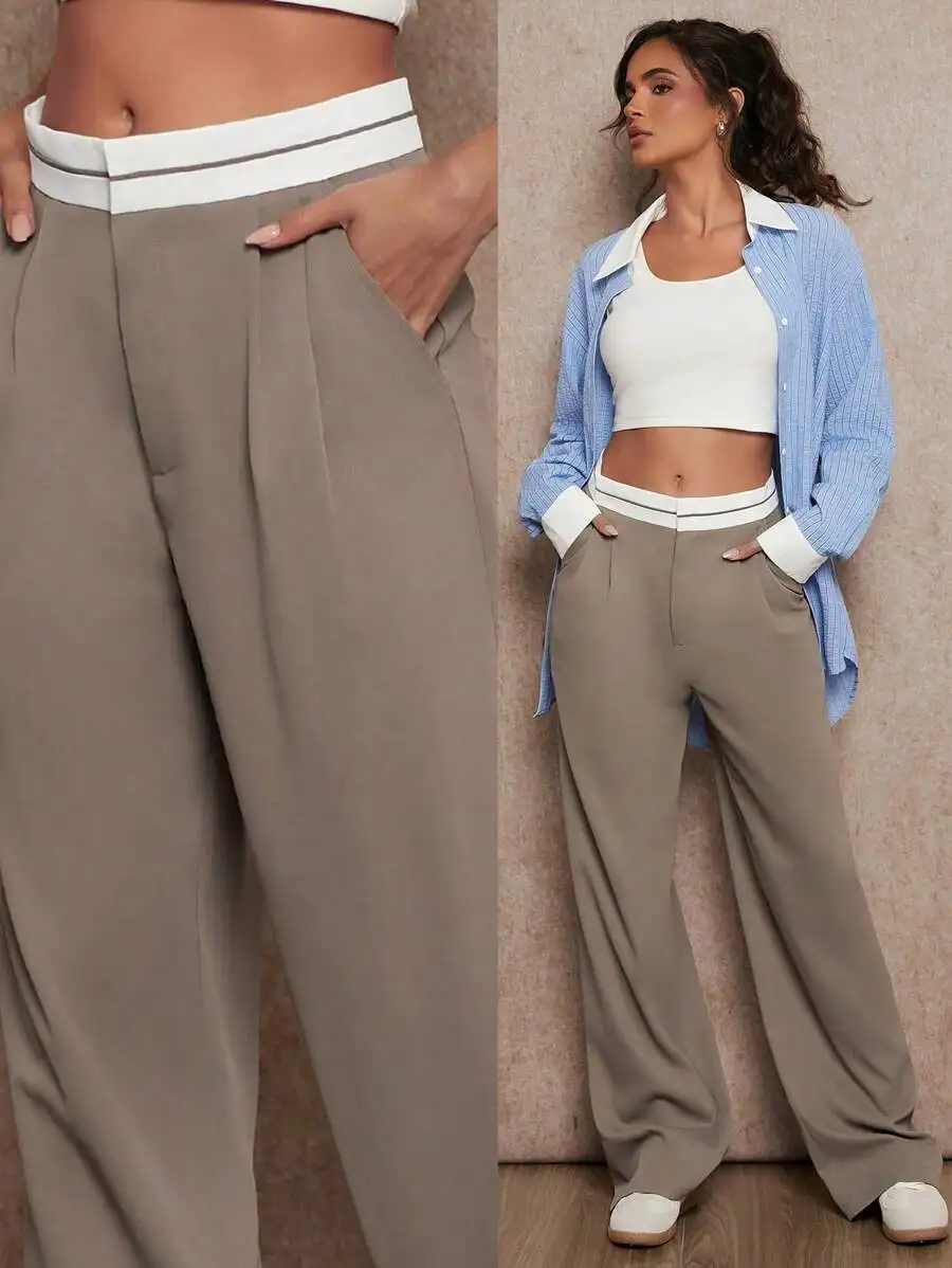 

Women's High-Waisted Wide-Leg Casual Pants with Contrast Waistband