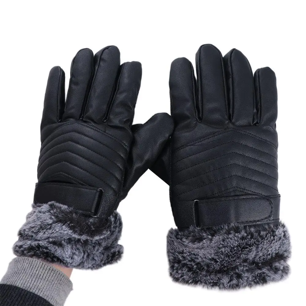 Keep Warm Men's PU Leather Gloves Thick Velvet Touch Screen Male Windproof Gloves Waterproof Soft Motorcycle Full Finger Mittens