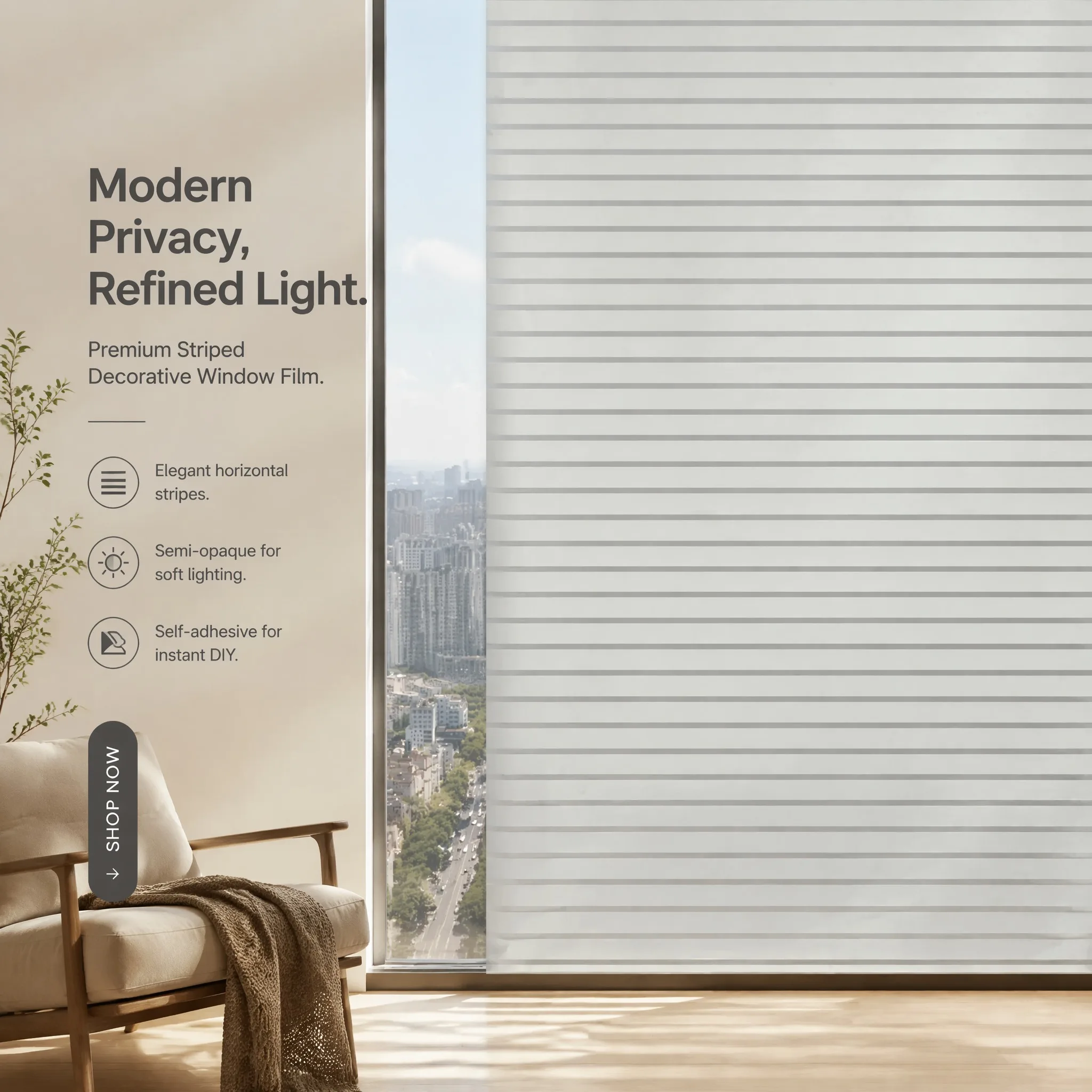 Self-Adhesive Horizontal Striped Frosted Window Film, Waterproof Anti-UV Removable No Residue Semi-Opaque Glass Sticker