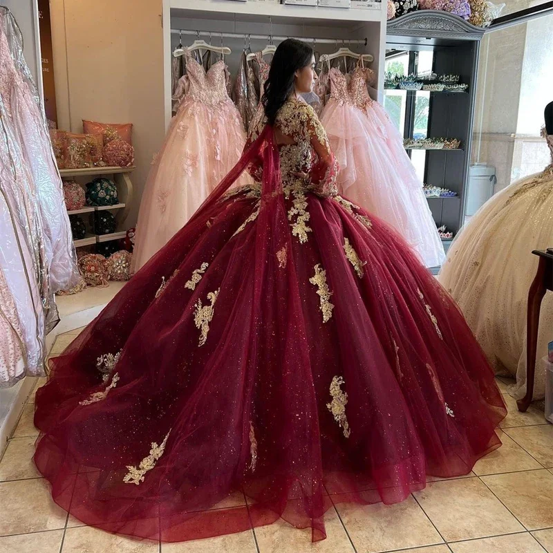 Vestido De cumpleaños rojo vino dulce 16, apliques De manga larga, Vestido De baile, vestidos De Quinceañera De 15 años