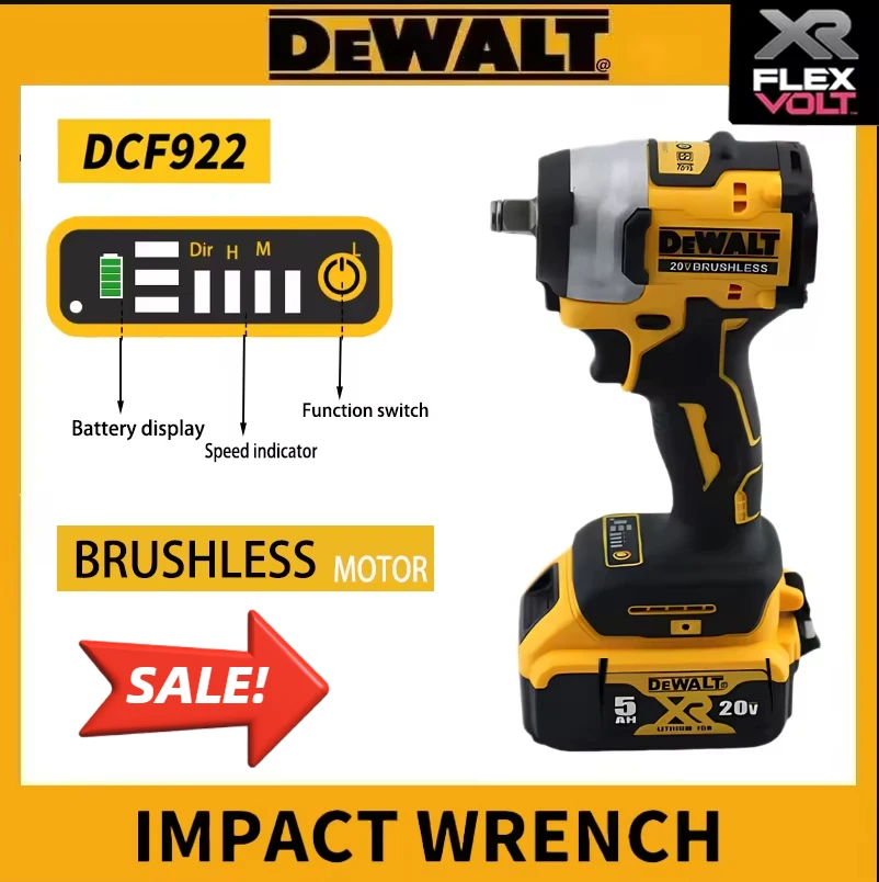 

New Dewalt DCF922 Wireless Impact WrenchRechargeableHighTorque 205Nm(Reverse) 1/2" 2500 PRM Universal 20V Battery Power Tools