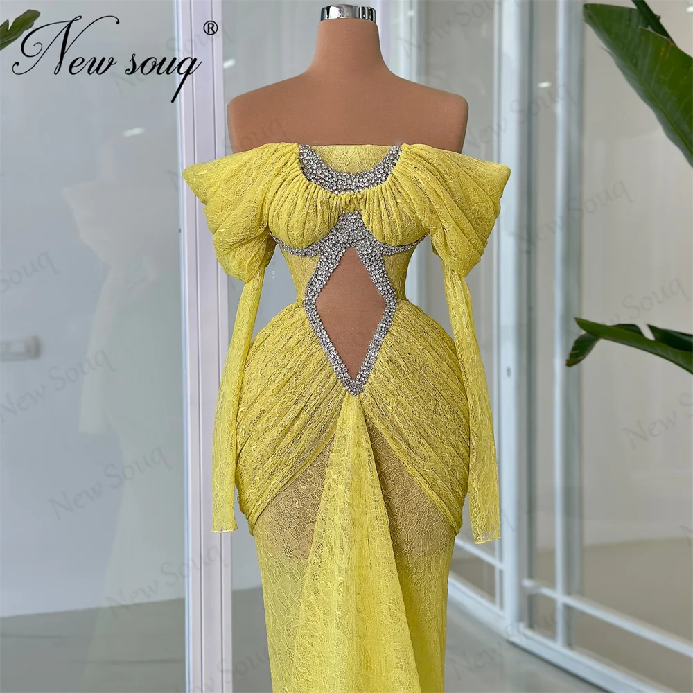 Yellow Lace Prom Dresses Customized Off Shoulder Long Sleeves Female Evening Gowns Robes De Soiree Beading Wedding Party Dress