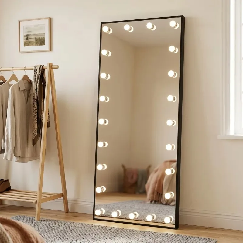 Slim Black Aluminum Frame Full Length Lighted Makeup Mirror Professional Floor Standing LED Bulb Vanity Mirror for Dressing Room