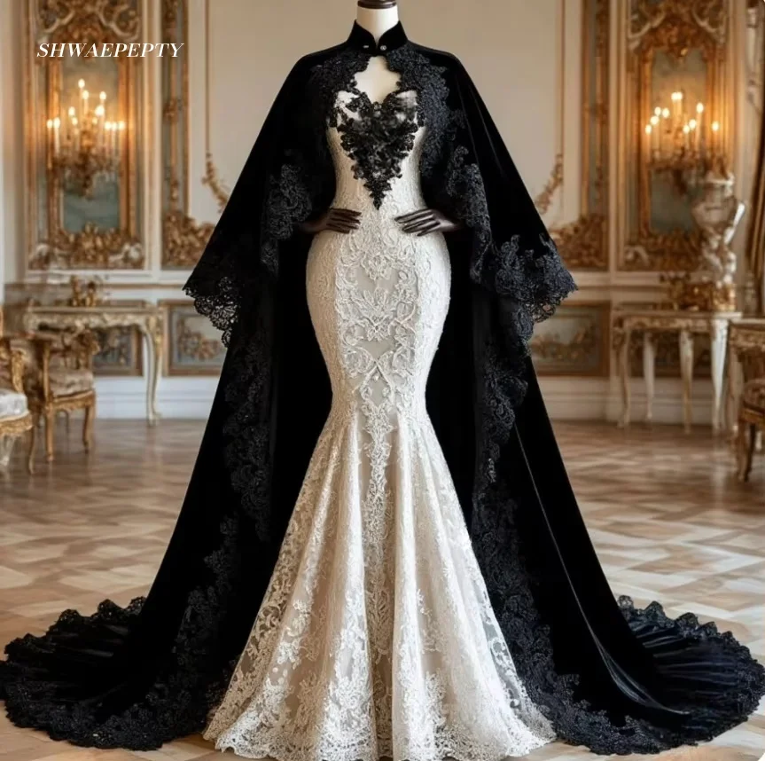

Gothic Mermaid Lace Wedding Dress With Wrap High Collar Long Sleeves Black And Ivory Medieval Period Bridal Gown Customized
