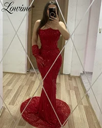 Arabic Party Dresses Beaded Mermaid Prom Dress Second Reception Wedding Gowns With Gloves Custom Made Strapless Evening Dresses