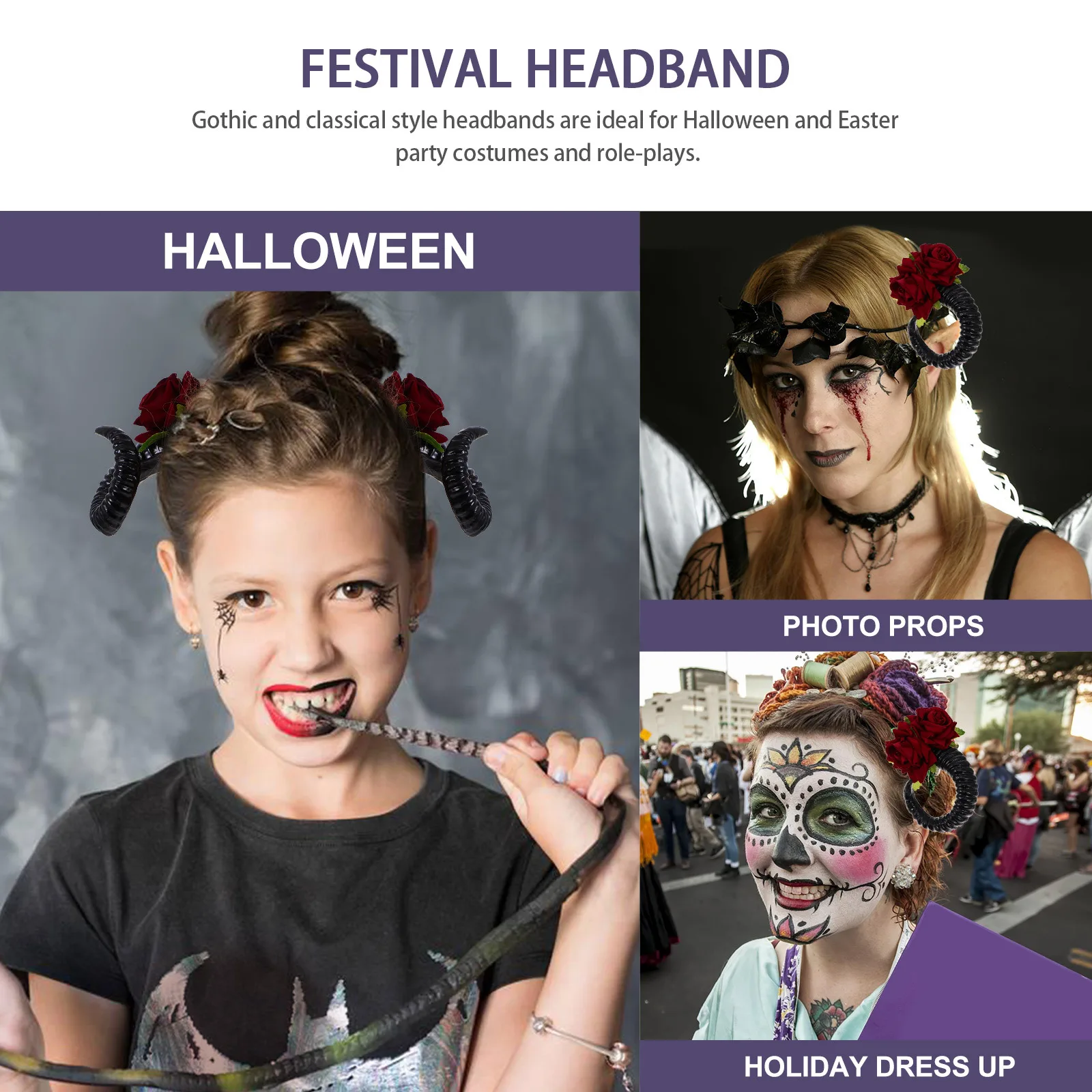 

1 Pair Ram Horn Rose Hairband Gothic Festival Headdress For Halloween Cosplay Decorative Photo Props Women Fashion Hair