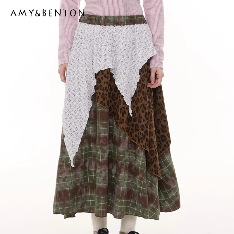 

Vintage Design High Waist Slimming Women's Skirt Autumn Winter Irregular Plaid Splicing Leopard Print Mid-Length Skirts Ladies