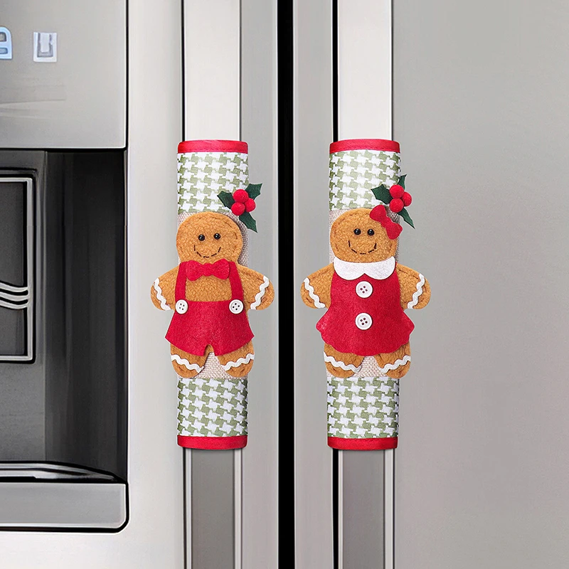 Set Of 2 Christmas Refrigerator Handle Covers-Christmas Gingerbread Man Kitchen Appliance Handle Covers For Refrigerator