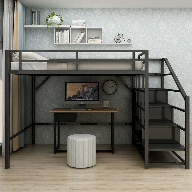 Elevated Sheet Upper Adult Children Bunk Bed Loft Duplex 2nd Floor Space-saving Upper and Lower Bed Iron Frame Bed