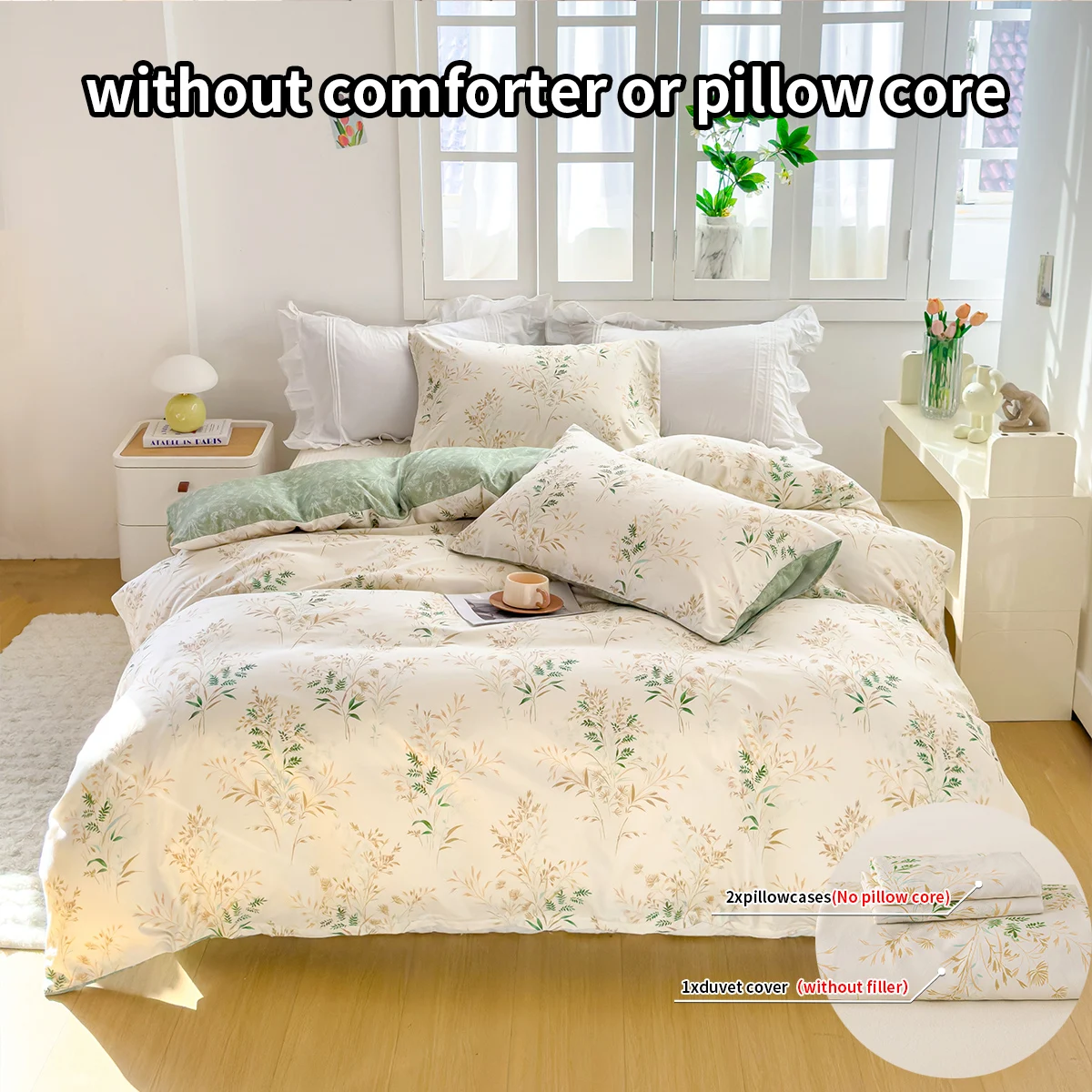 Tea Art Plant Print Three-Piece Duvet Cover Set (1 Duvet Cover + 2 Pillowcases) Ultra-Soft Breathable Fabric Skin-Friendly Comfortable Breathable Machine Washable Suitable for All Seasons Mother's Day Gift Fresh Pastoral Style