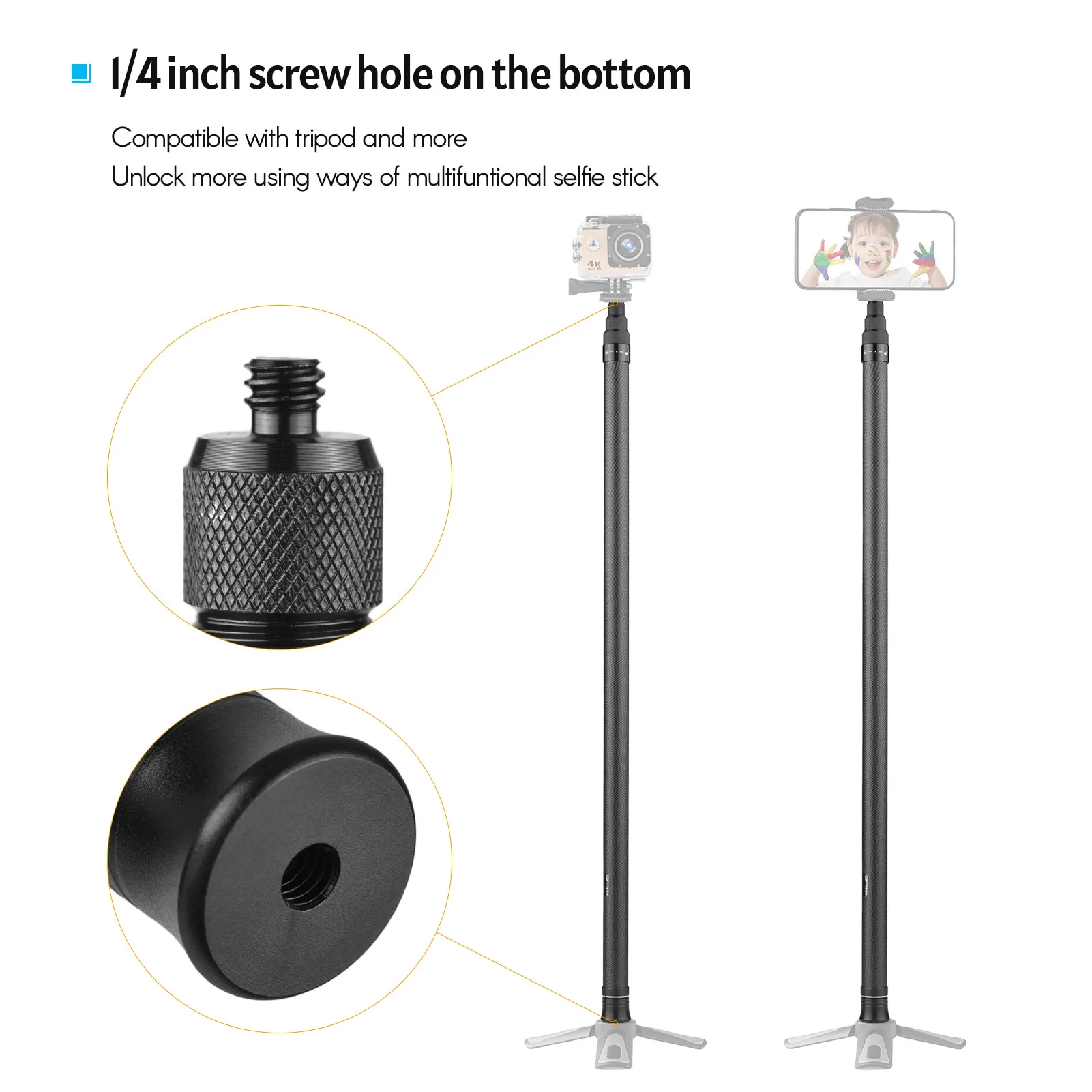 1.5m/ 4.9ft Carbon Fiber Selfie Stick Adjustable Extension Pole with 1/4 Inch Screw Replacement for Insta 360 One X/ One X2/