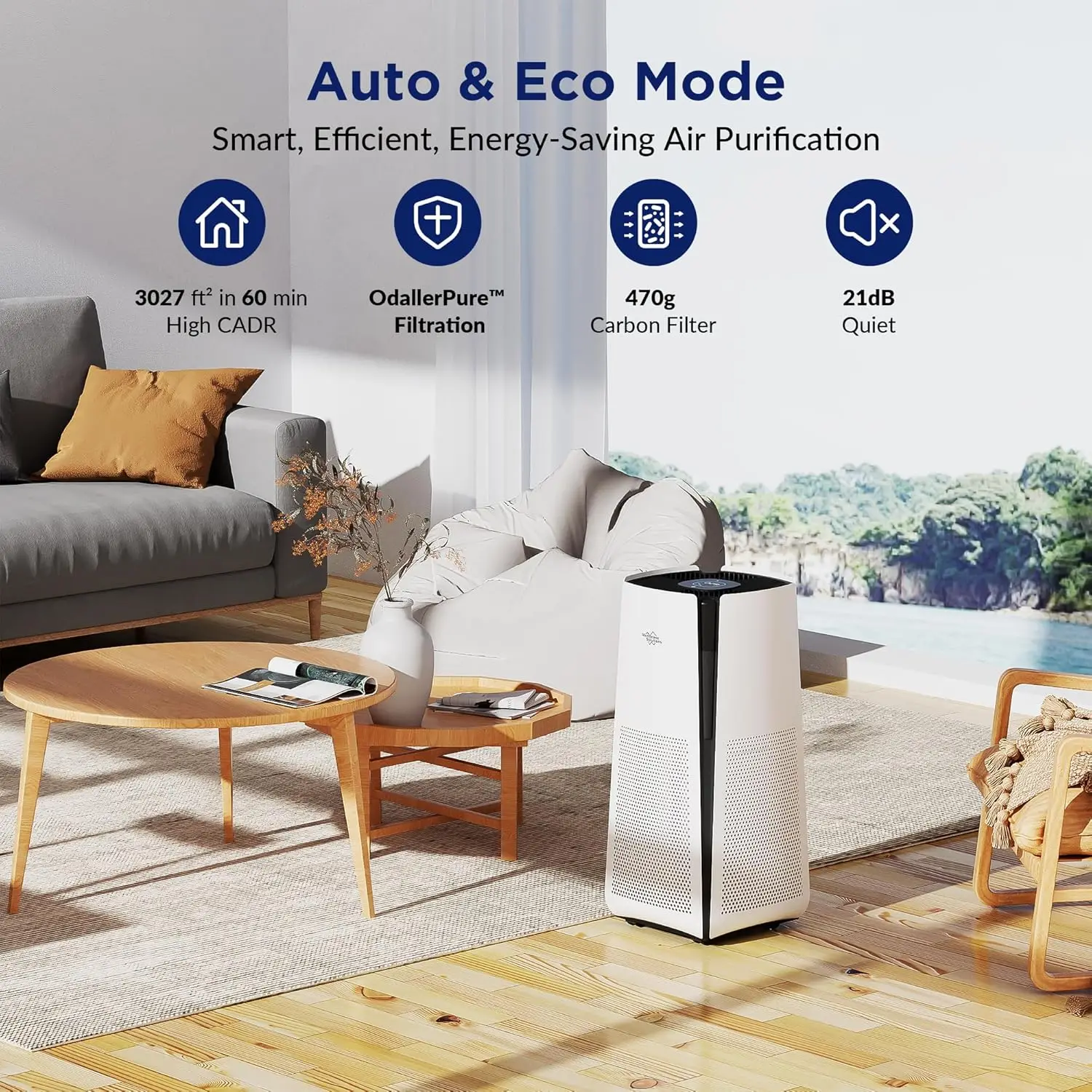 Soluciones Purificadores de aire para el hogar Habitación grande hasta 3027 pies 2 en 1 hora con WiFi inteligente y Alexa, modo ECO y AUTO, limpieza de aire silenciosa de 21 dB