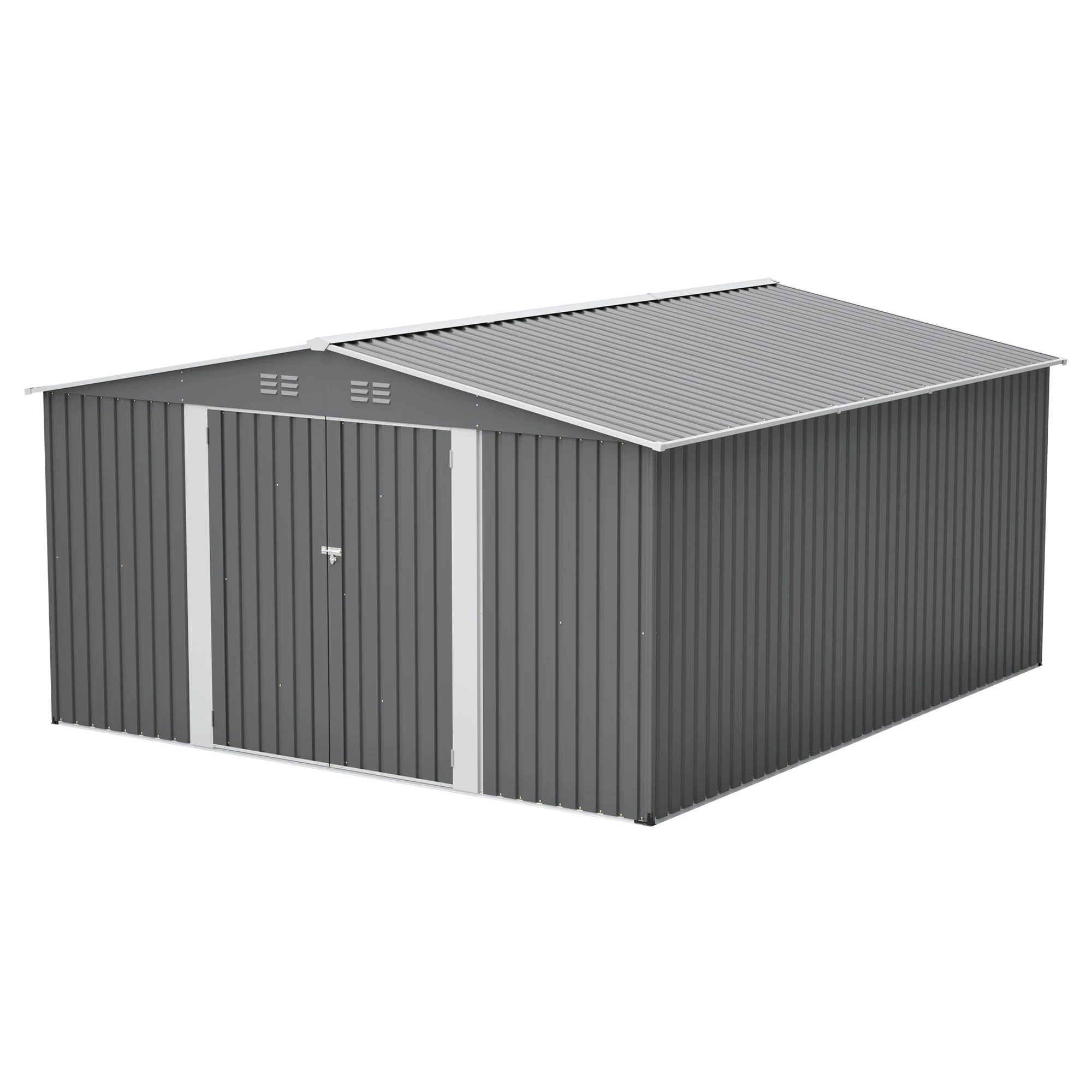 

12x14FT Metal Outdoor Storage Shed, Lockable Double Doors, Waterproof Garden Tool House, Light Gray