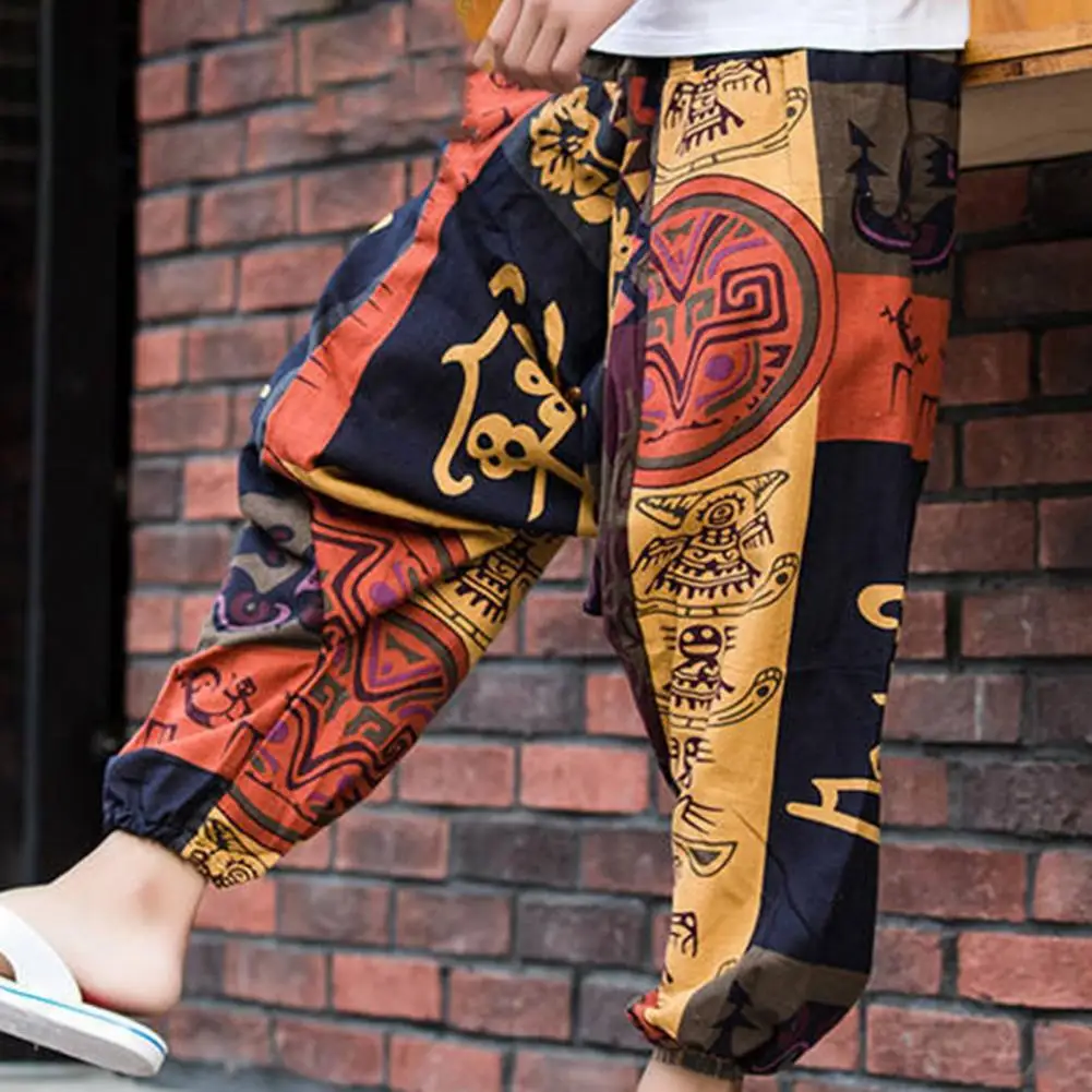 Men Women Baggy Harem Pants Print Loose Vintage Ethnic Deep Crotch Dance Cotton Linen Pants Ankle-banded Bloomers ropa hombre