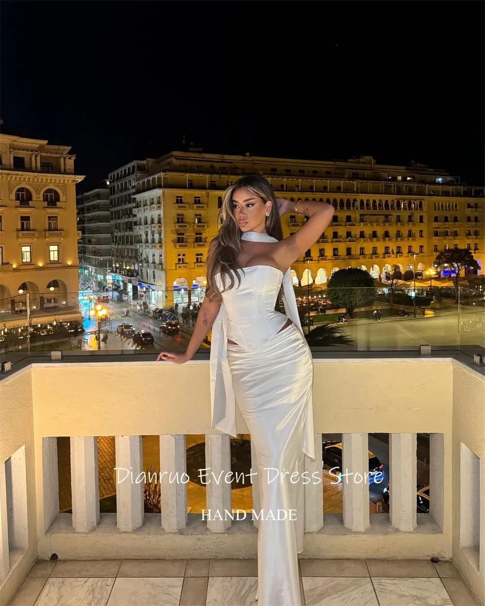 Dianruo Trägerlose Meerjungfrau Abendkleider Satin Anmutige Bänder Vestidos De Fiesta Lange Länge Falten Brautkleider Angepasst