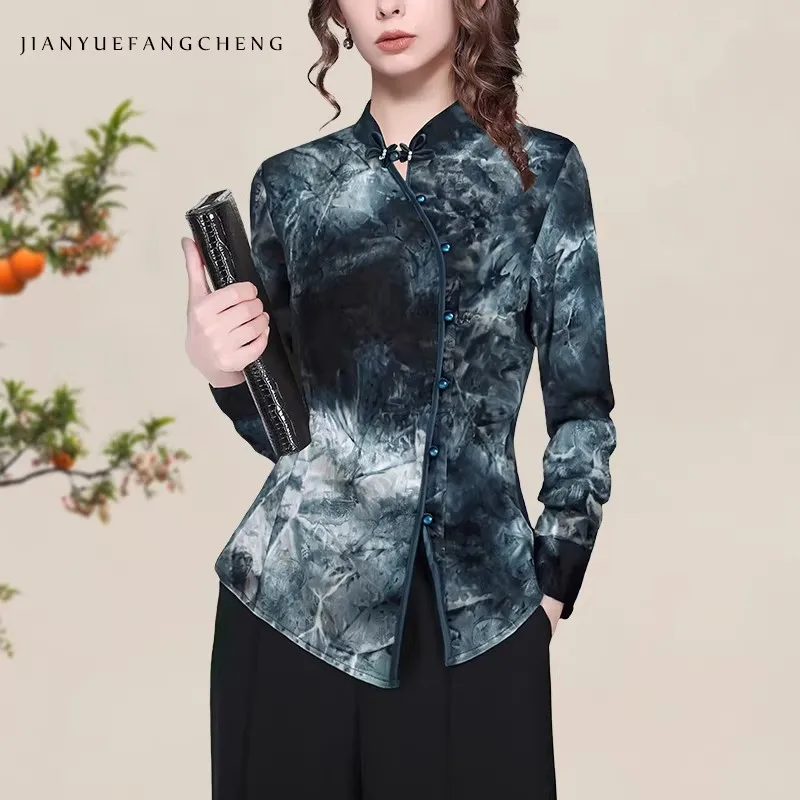 

Новая женская блузка в китайском стиле с длинным рукавом, элегантная, с цветочным принтом, приталенная, осенняя мода 2025