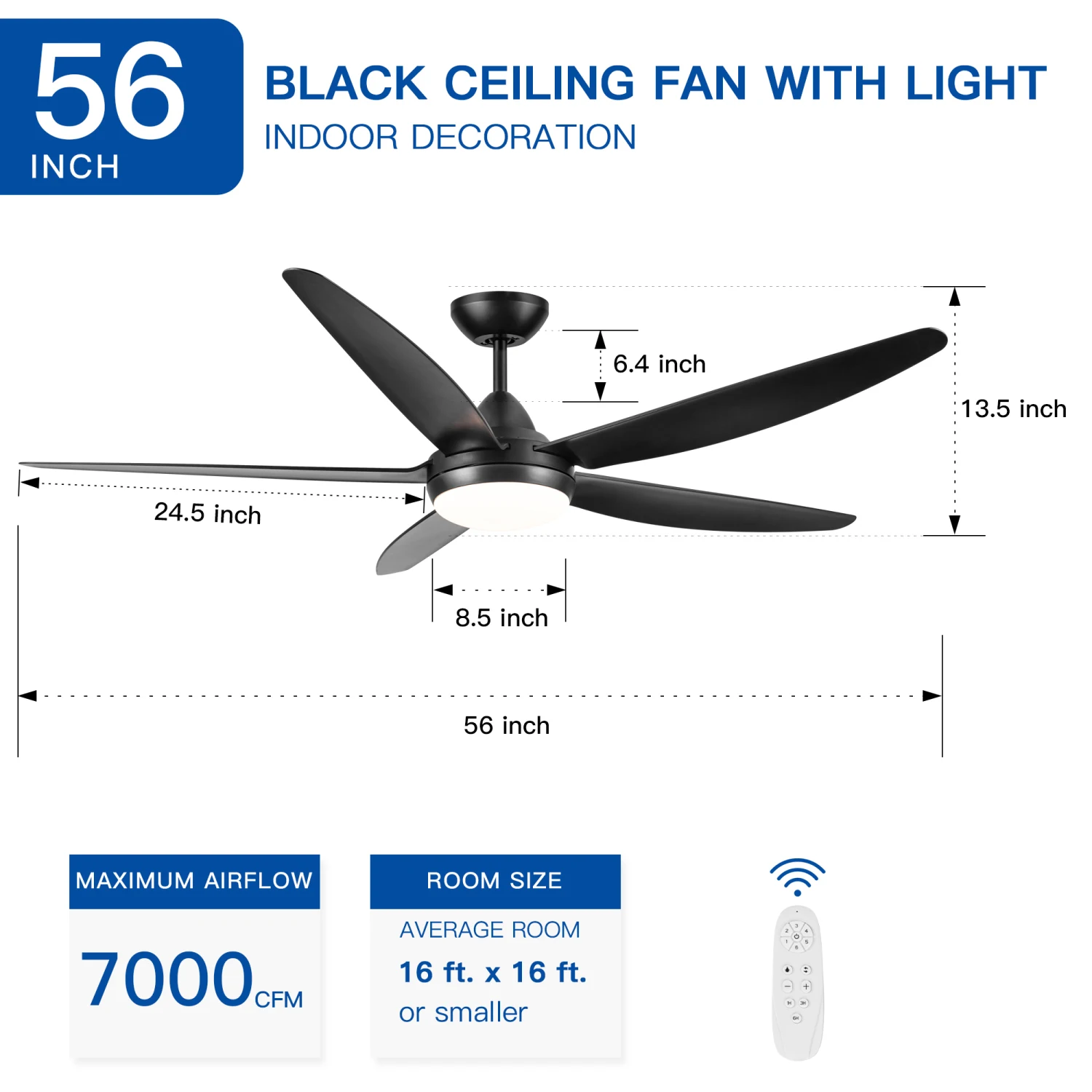 Kipas langit-langit LED terintegrasi 56 inci, pisau ABS hitam