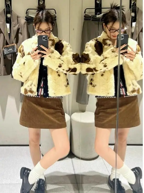 

Autumn Winter Plu Long Sve Knitted Jaet Fem Faion Commute Sle Loose Fit Polyester Fiber Zipper Closure Leopard ...