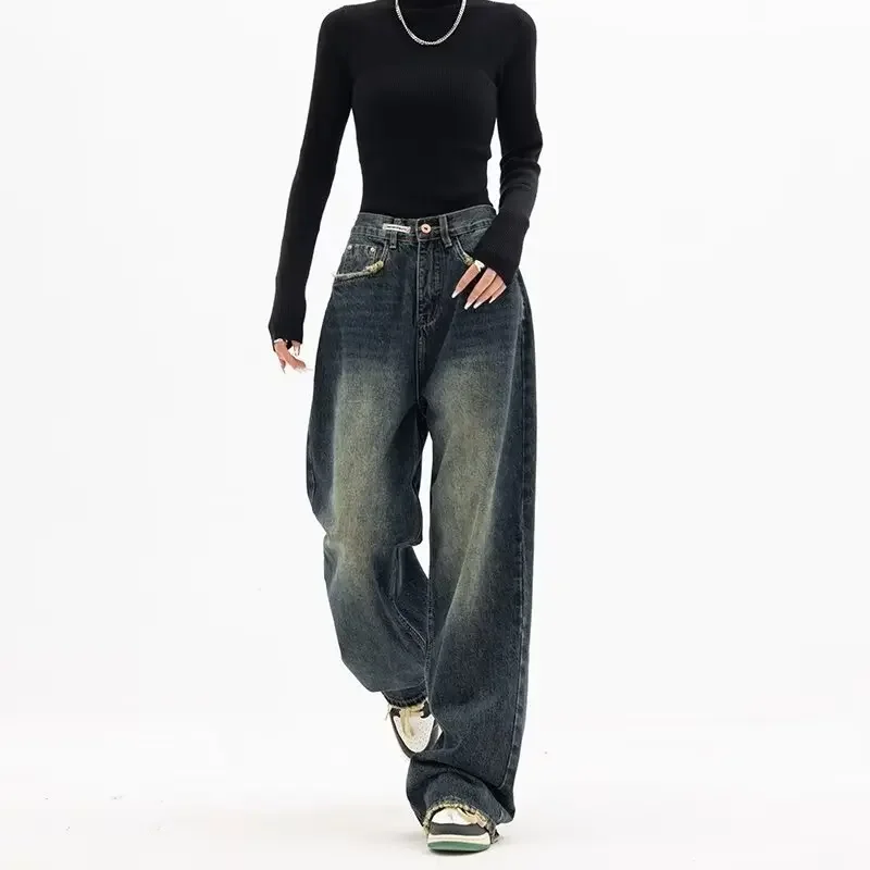 Y2K Women Vintage Streetwear Korean Baggy Blue Jeans High Waist Straight Wide Leg Pants Denim Trousers Fairy Grunge Alt Clothes